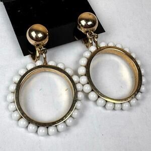 VTG Napier Clip Om Earrings Large Hoops Gold tone Lucite White Beads
